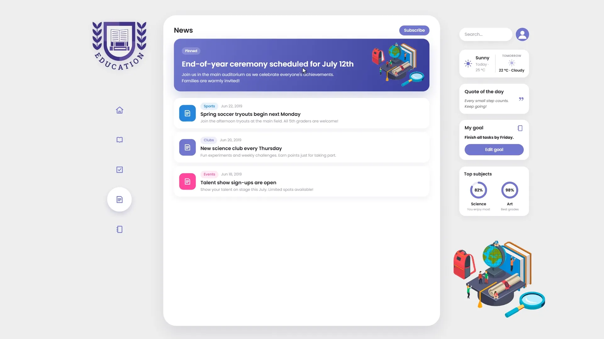 News and announcements board in a student portal dashboard.