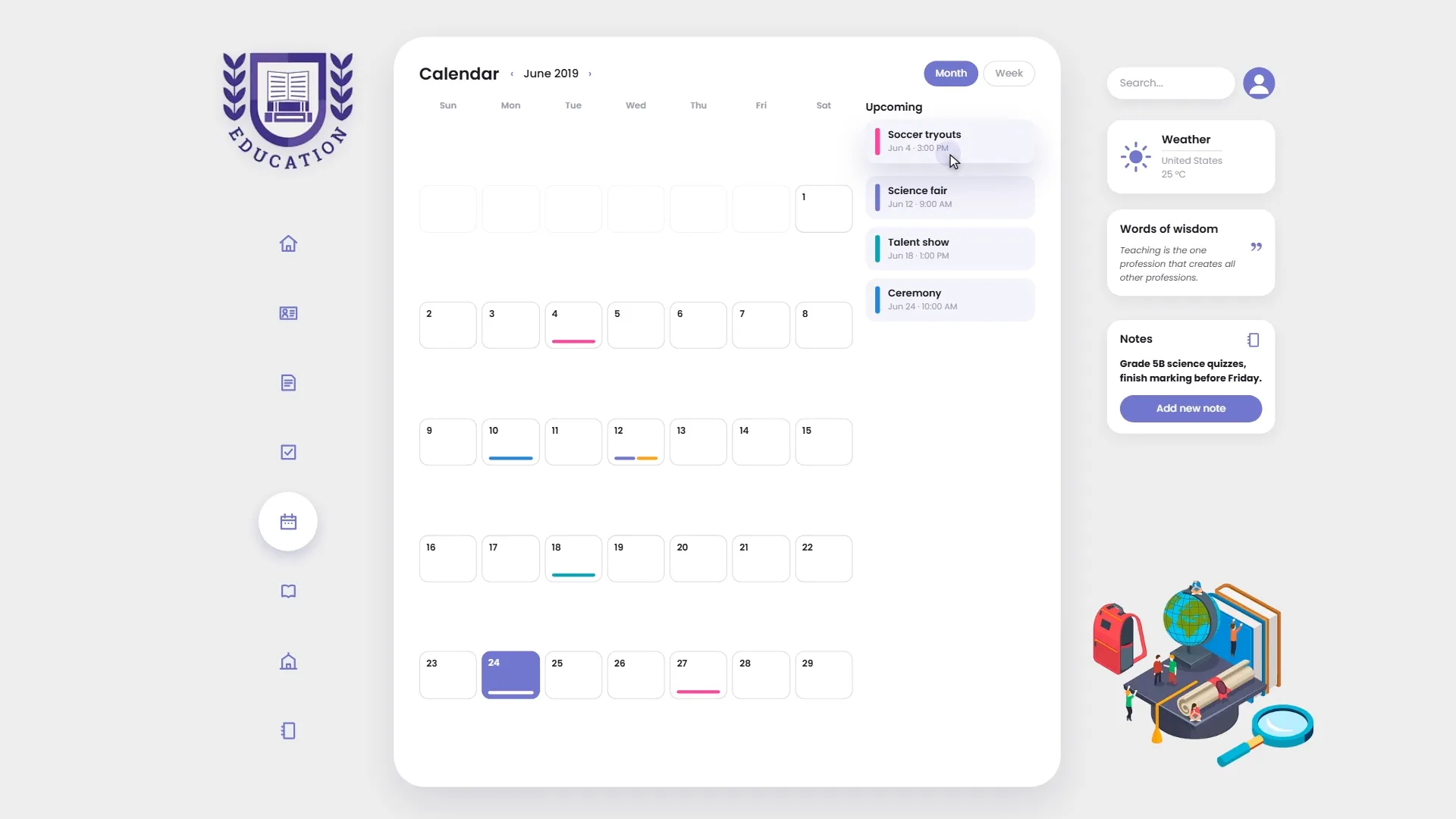 School calendar and event planner interface for an education platform.