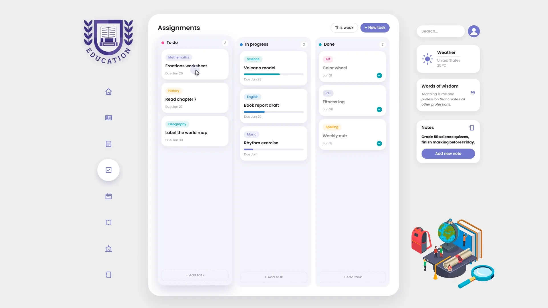 Assignment manager and homework tracker interface for teachers.