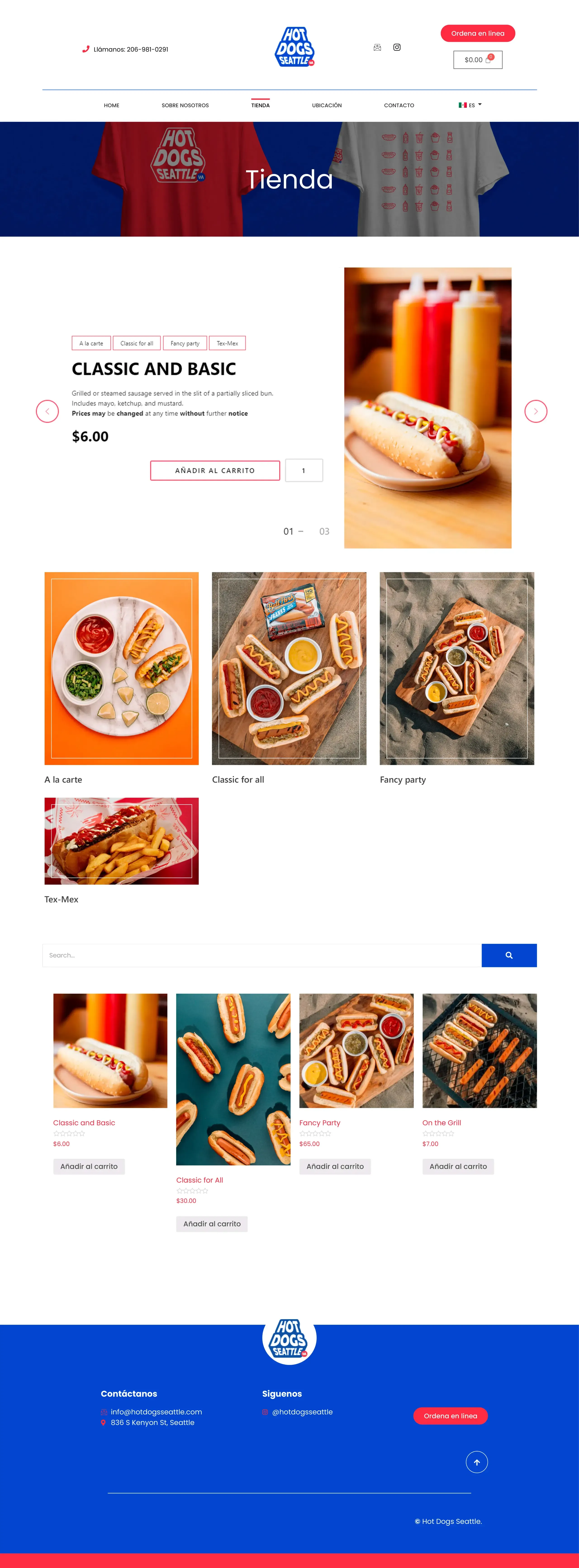 Interactive hot dog menu and e-commerce shop interface for Hot Dog Seattle, featuring custom toppings and mobile-friendly ordering.