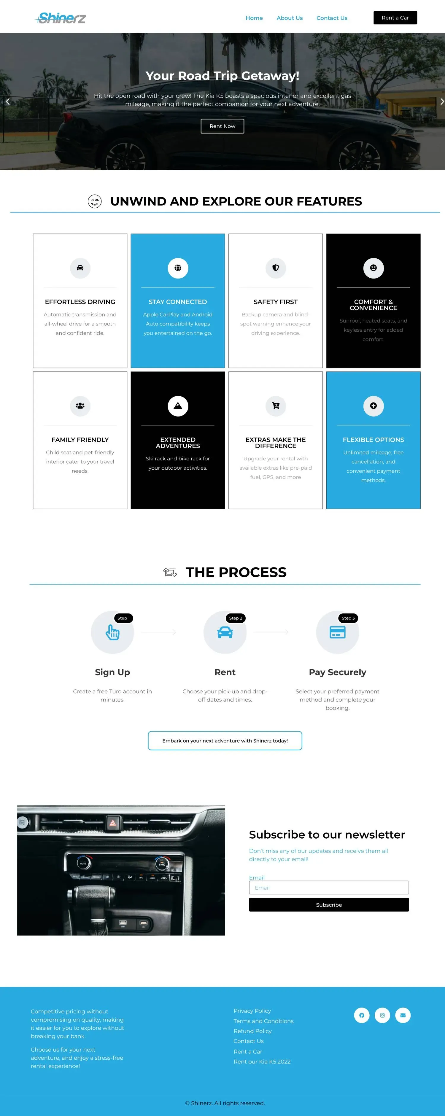 Responsive car rental inventory interface with direct Turo integration and vehicle preview cards.