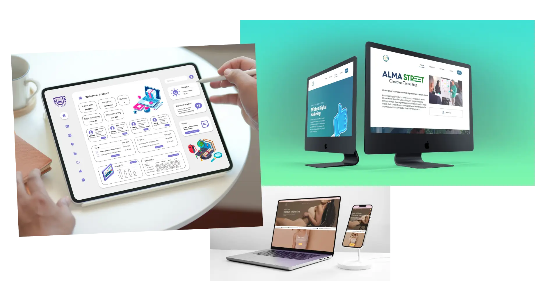 View of two website interfaces with modern and dark design. The first screen shows the title 'Behind the Code' with a rocket and dark background, explaining the origin of a community software project. The second screen presents a platform for finding speakers, with an attractive design, expert photos, and a prominent search button.