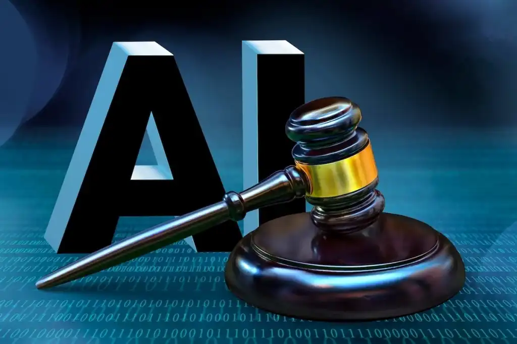 Judge's gavel beside AI text, symbolizing artificial intelligence copyright law and legal protections for artists' creative rights.