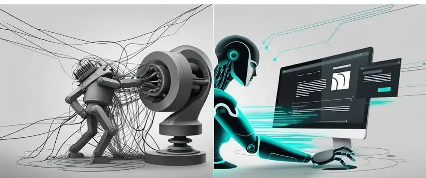 Robotic arm connected to a laptop with gear icons, representing AI training pipelines that scrape artwork from online portfolios and galleries.
