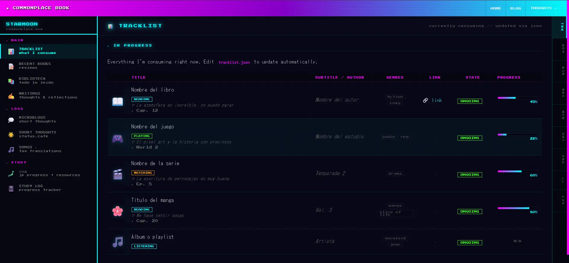 Screenshot of a vaporwave-inspired digital commonplace book web app interface with retro OS styling and pixel art accents.