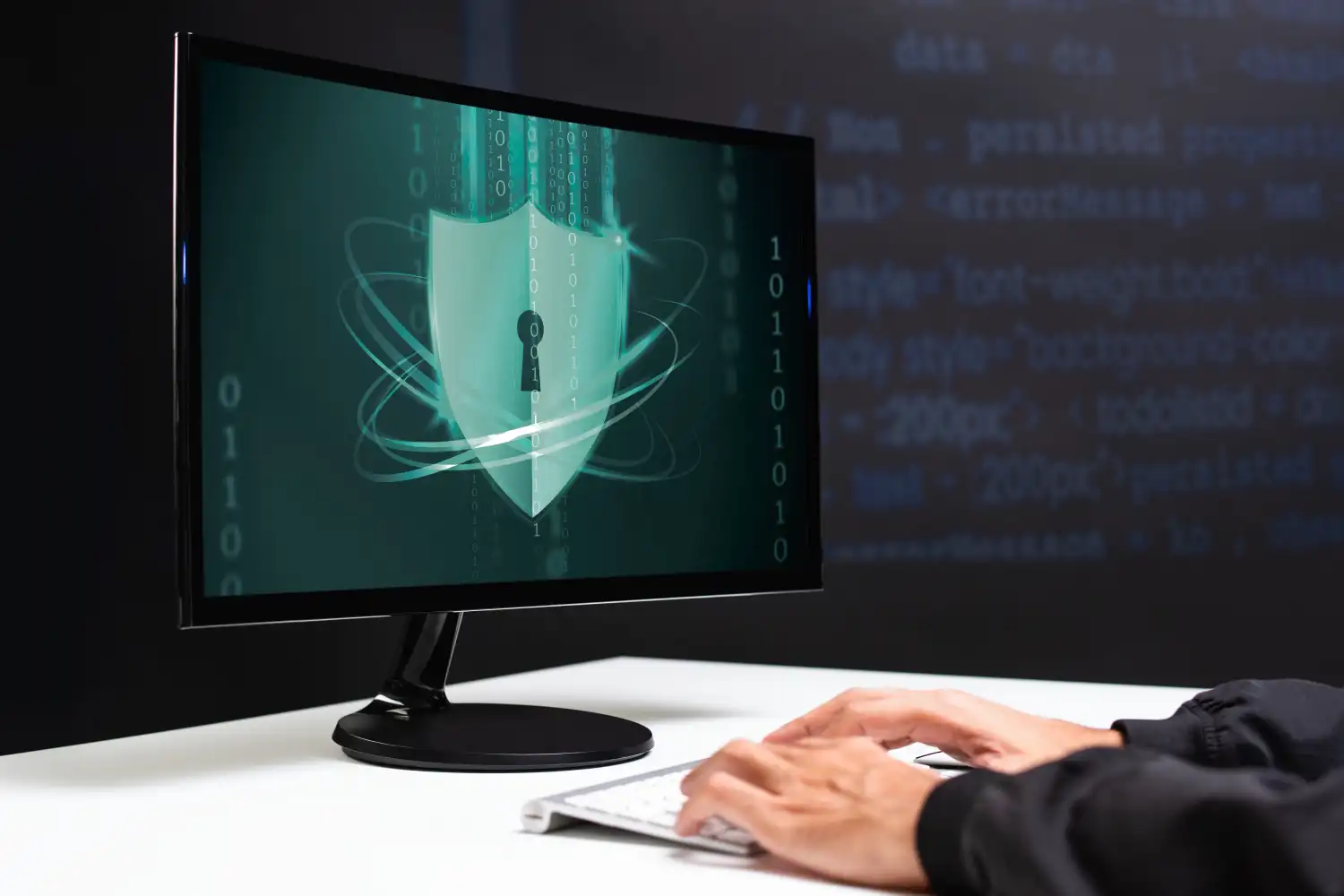 A monitor screen displaying a glowing digital shield icon, symbolizing the protection of personal folders and data from unauthorized AI access.