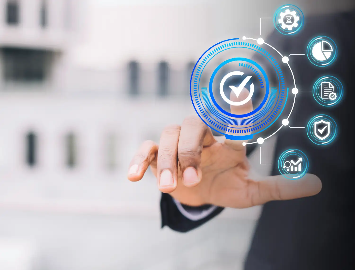 A professional web designer interacting with a digital interface of quality control icons, representing human-led strategic web design in the era of AI.