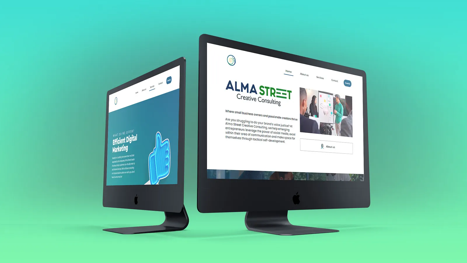 Professional responsive web design for Alma Street Creative Consulting displayed on two iMac screens featuring digital marketing services and a turquoise brand aesthetic.