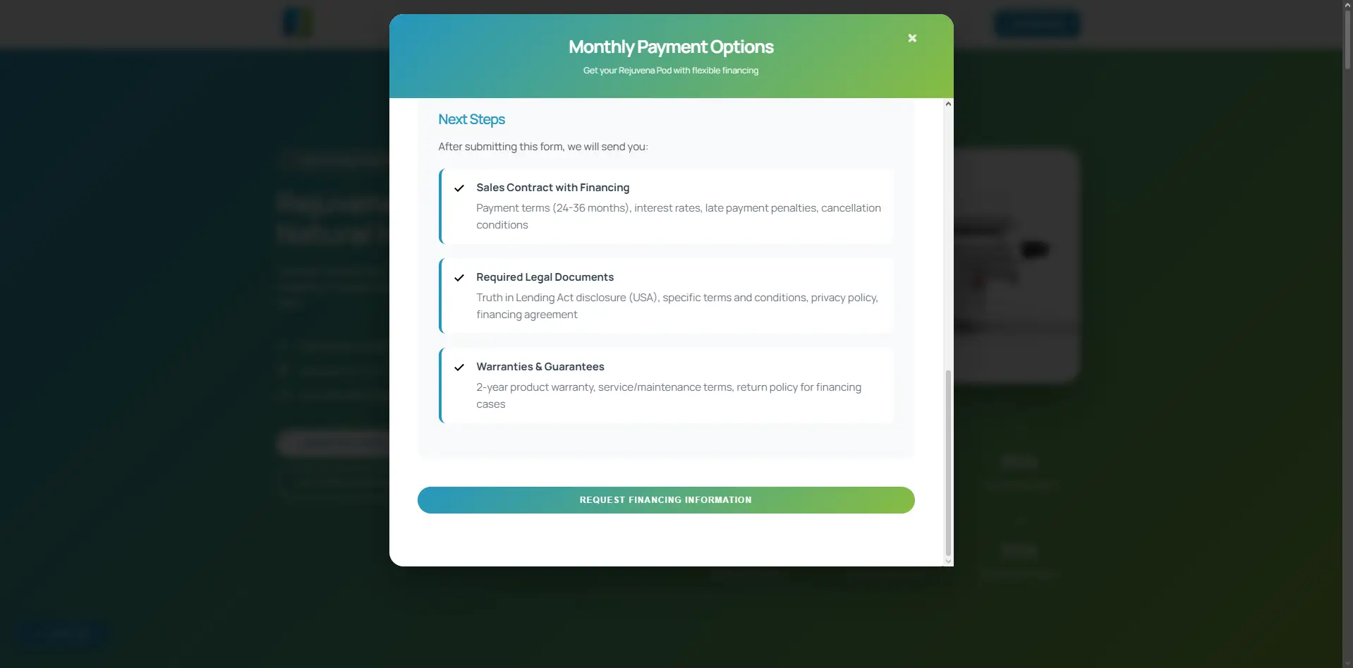 Specialized e-commerce checkout interface showing installment plan options for the Rejuvena Pod bioresonance device.