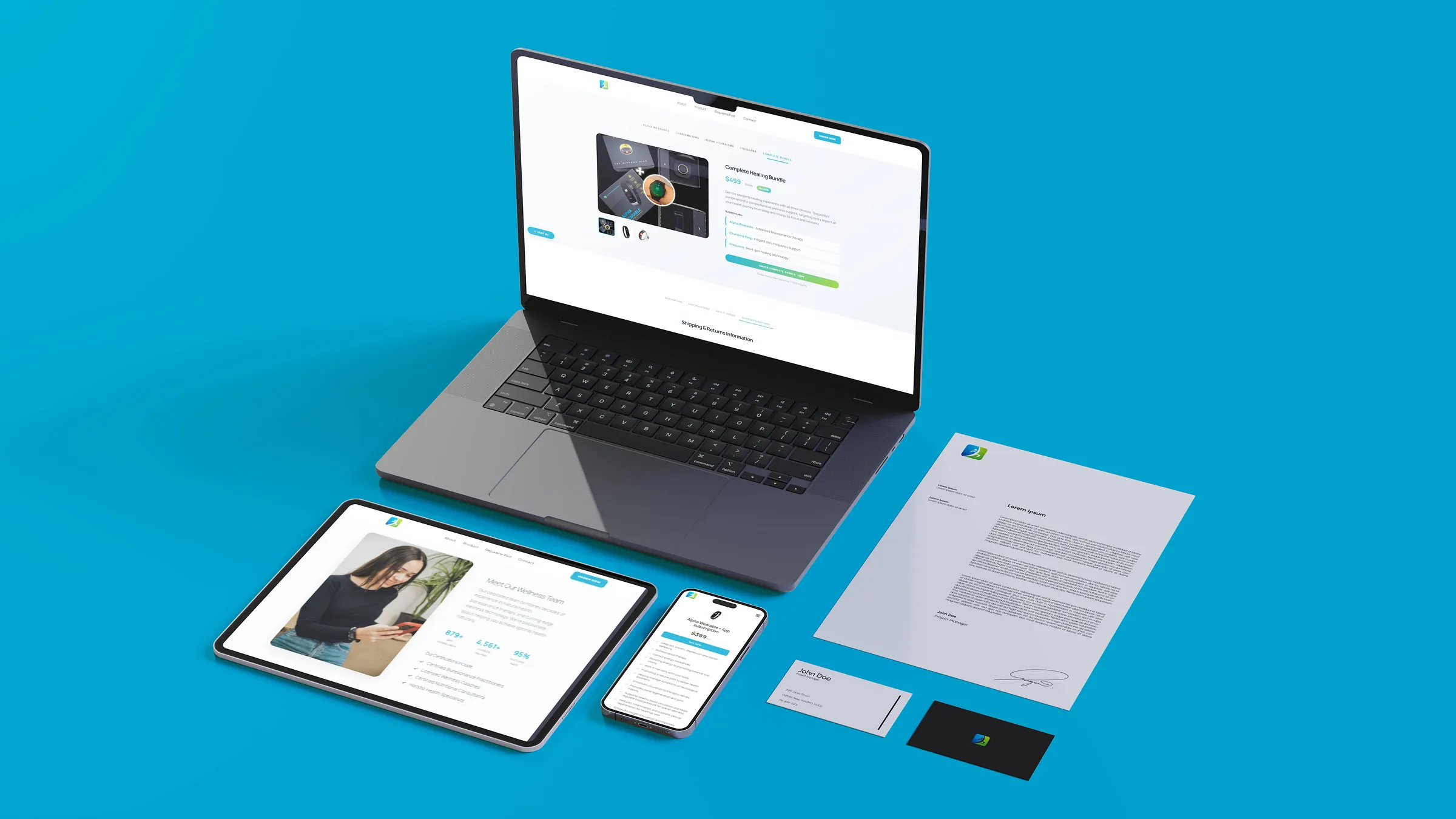 Complete digital ecosystem for Anywhere Healing, featuring the e-commerce bundle selector and mobile-optimized app interface on multiple devices.