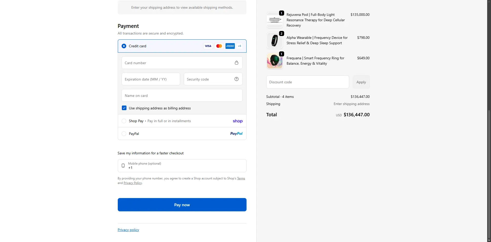 Streamlined order summary page with transparent pricing and secure "Pay Now" call-to-action for holistic health items.