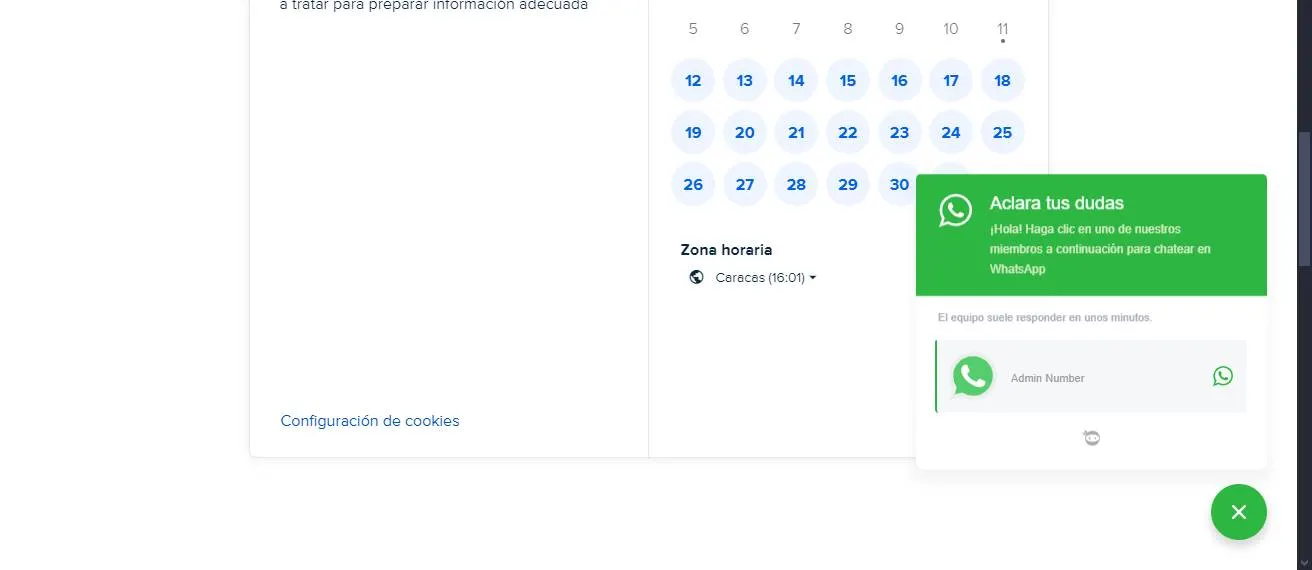 Detail view of Cedir’s contact section featuring embedded Calendly booking and a WhatsApp support chat interface.