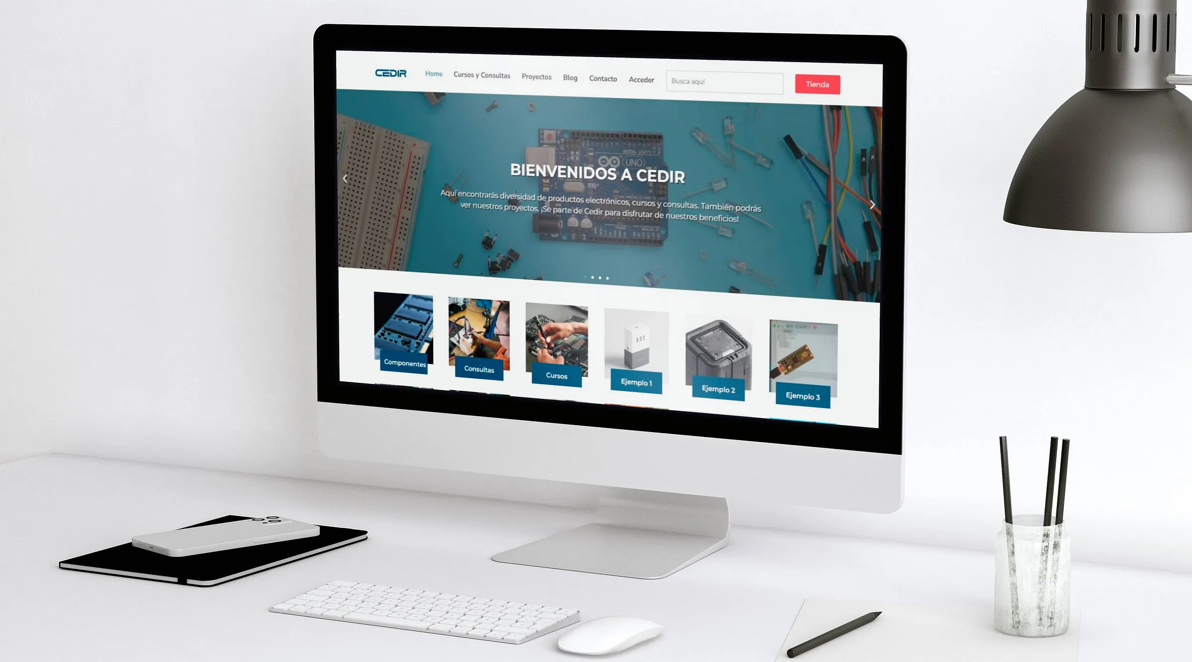 Professional iMac mockup showcasing the Cedir homepage, featuring a custom electronics slider and clean Elementor navigation.