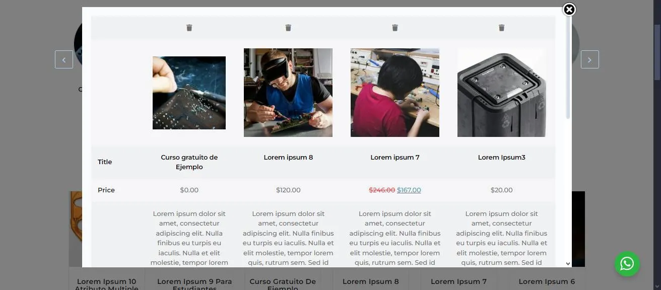 Custom course comparison pop-up module for Cedir, allowing students to compare electronics curricula and pricing.