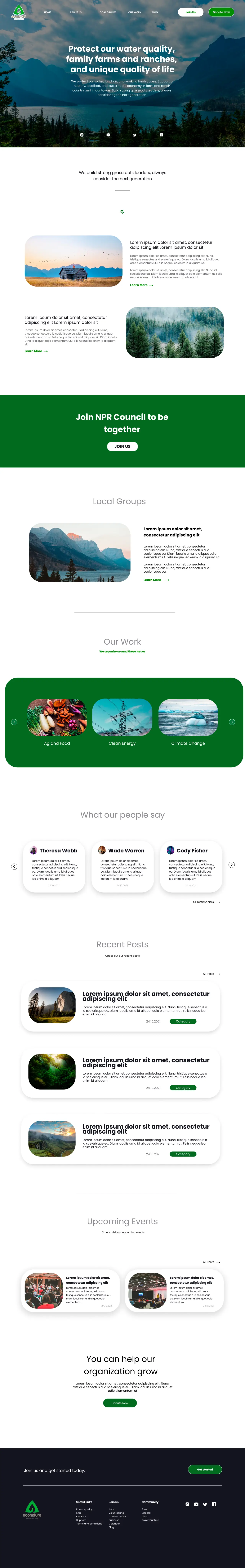 Full-page layout of a green eco-friendly website designed in Figma, featuring a hero section for sustainable energy, modular content cards with rounded corners, and an organic visual hierarchy centered on environmental conservation and clean UI.