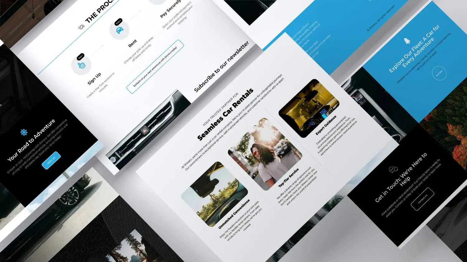 Detailed layout sections of Shinerz car rental website featuring seamless Turo booking integration and clean typography.