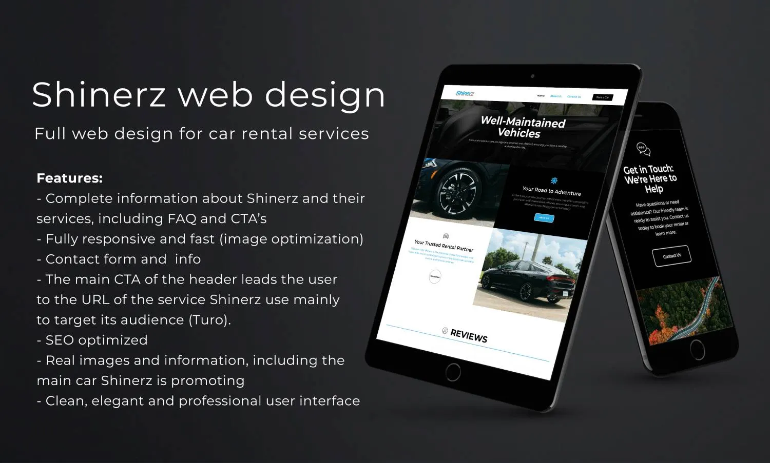 Professional presentation slide for Shinerz web design listing features like SEO optimization and Turo redirection on tablet and mobile devices.