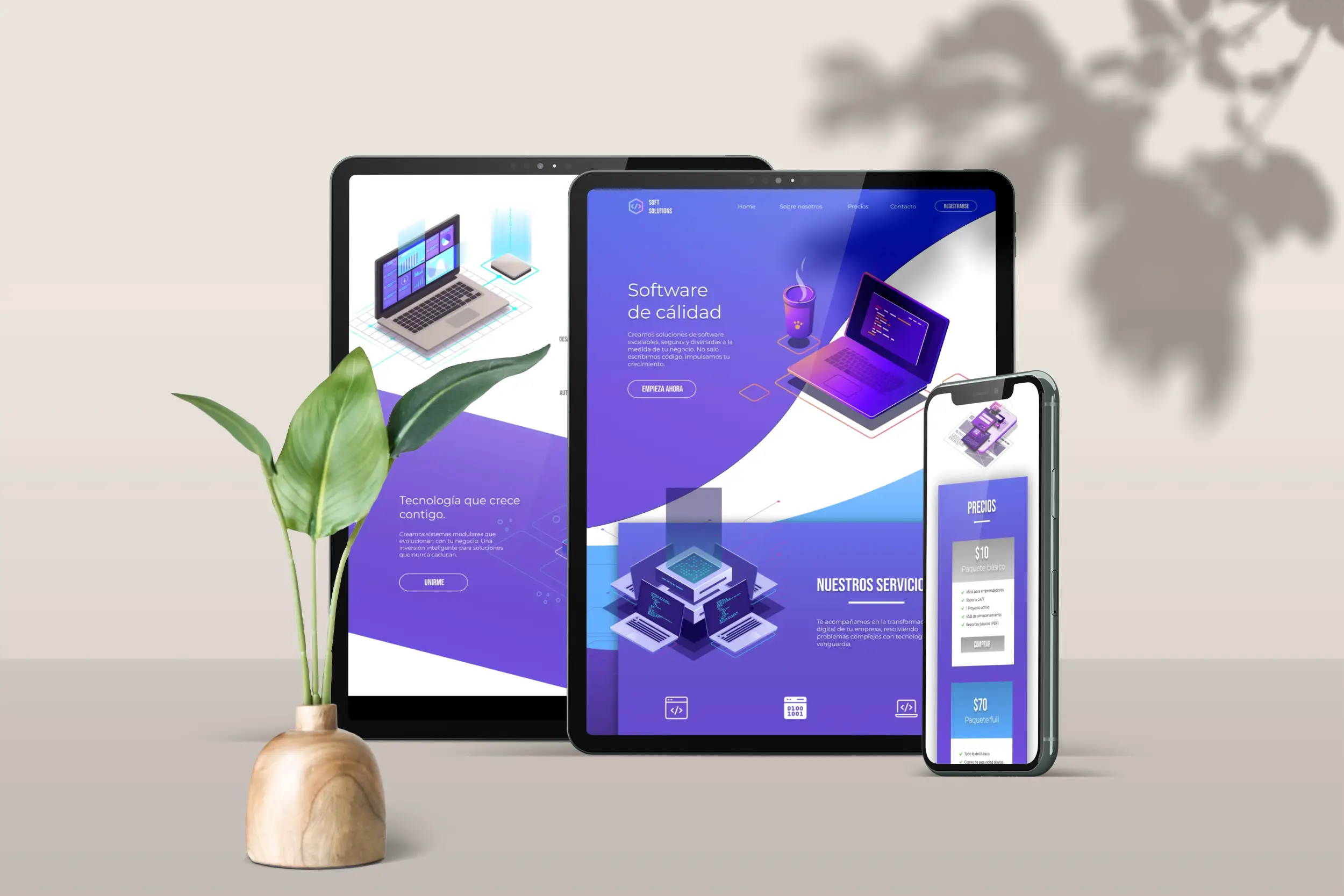 Soft Solutions Landing Page UI Design by Grecia V. showcasing a minimalist purple aesthetic, geometric shapes, and clean UX for a software agency.