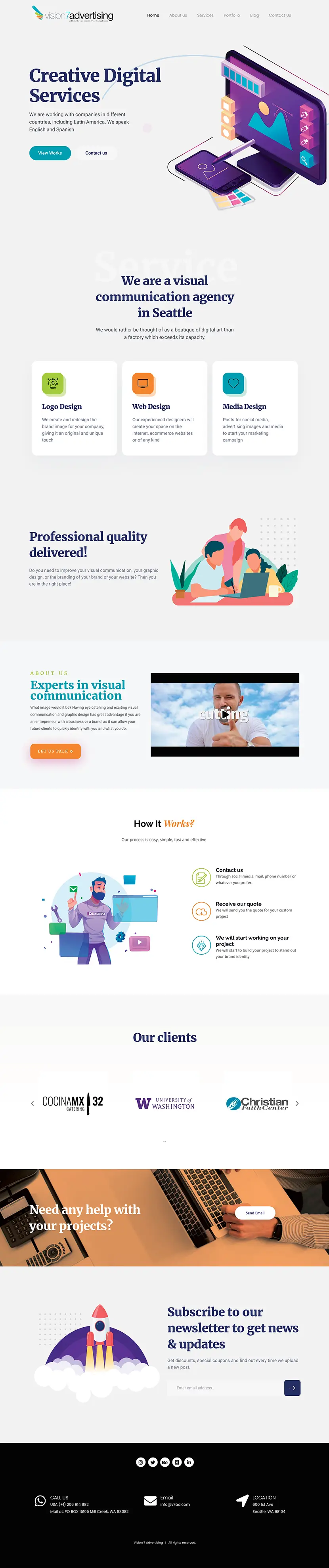 V7ad creative agency home page featuring a premium dark UI design and high-conversion landing page architecture built with Elementor.