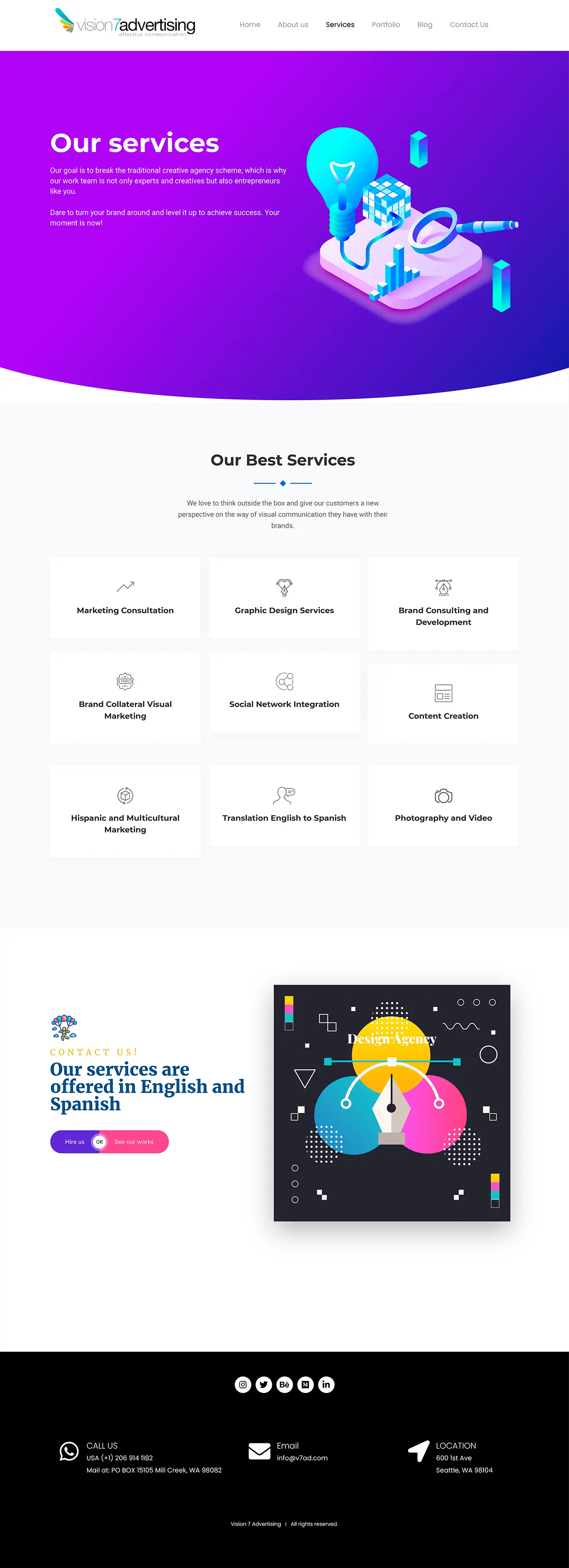 Interactive services section for V7ad, showcasing UI/UX strategy and custom web development solutions for startups.