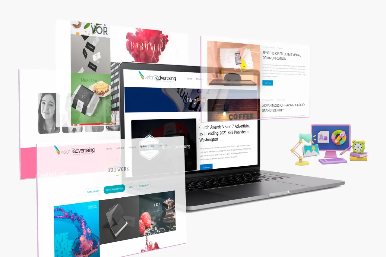 Responsive laptop mockup for V7ad creative agency, highlighting technical branding and minimalist web architecture for entrepreneurs.