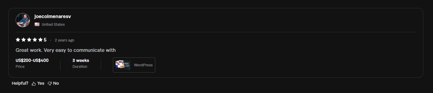 Review screenshot from Fiverr - Joe Colmenares